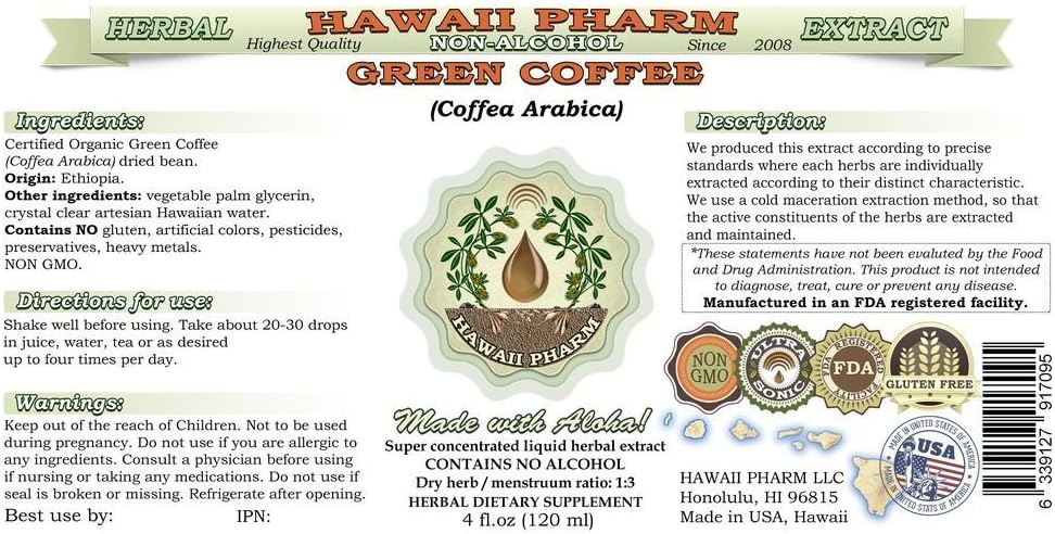 Green Coffee Alcohol-Free Liquid Extract, Green Coffee (Coffea Arabica) Dried Bean Glycerite Hawaii Pharm Natural Herbal Supplement 64 oz