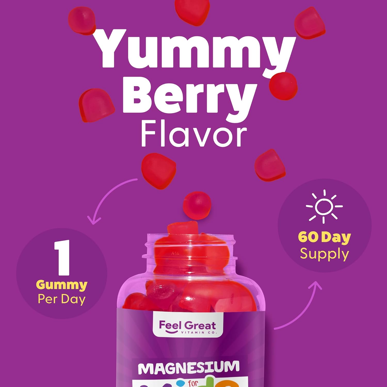 Feel Great Kids Calm Magnesium Gummies - Magnesium Supplement for Children - Magnesium Citrate Gummies - 60 Count