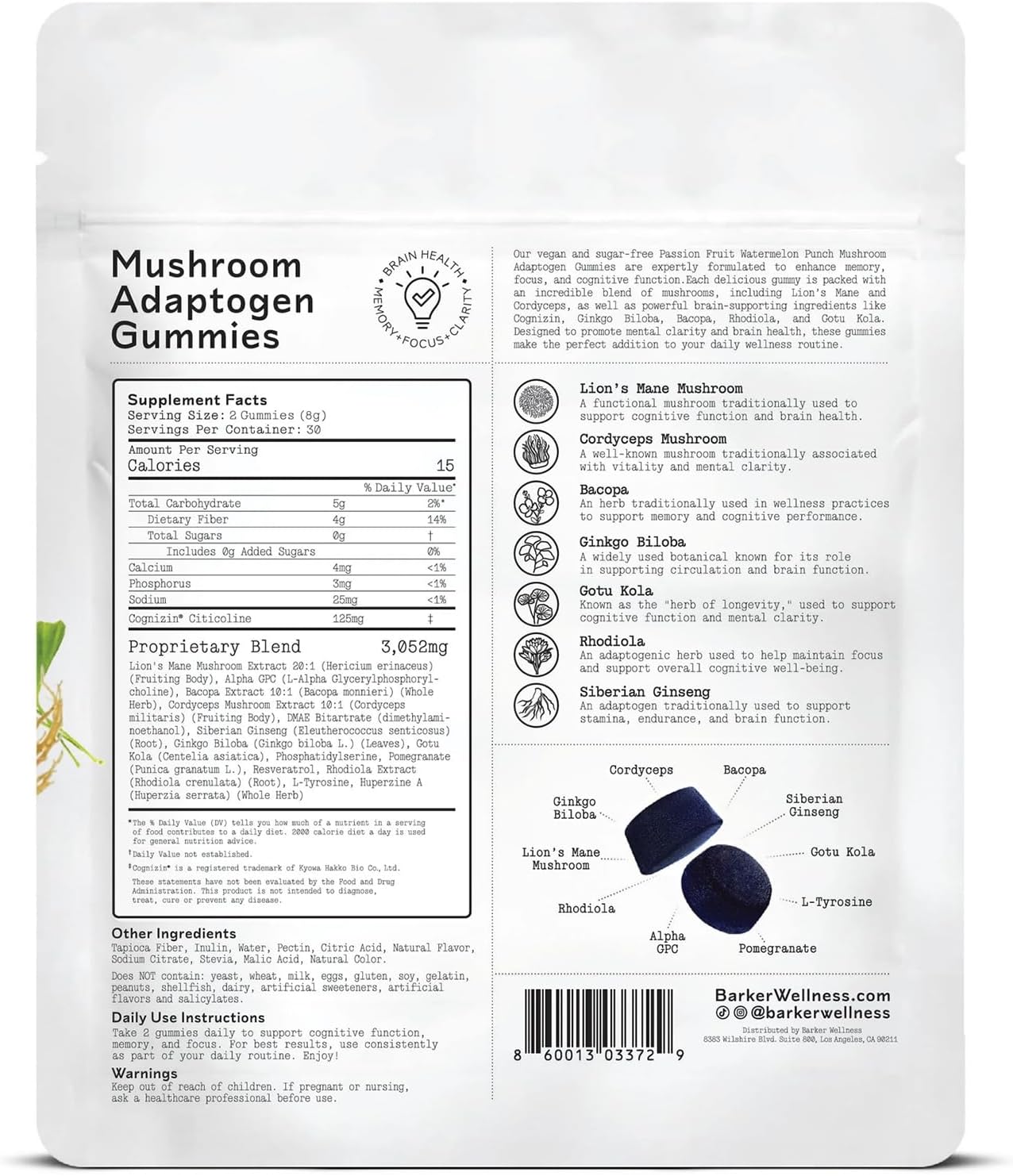 Barker Wellness Mushroom Adaptogen Gummies | Memory, Focus & Brain Health | Lions Mane, Cordyceps, Cognizin | Vegan, Sugar-Free | Passion Fruit Watermelon Flavor | 60 Gummies
