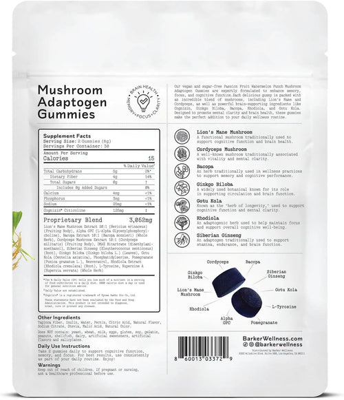 Barker Wellness Mushroom Adaptogen Gummies | Memory, Focus & Brain Health | Lions Mane, Cordyceps, Cognizin | Vegan, Sugar-Free | Passion Fruit Watermelon Flavor | 60 Gummies
