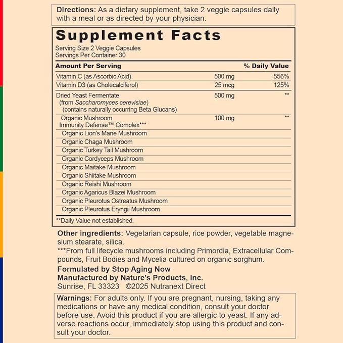 Stop Aging Now - Immune Support - with Vitamin C, Vitamin D3 and Mushroom Complex - 60 Vegetarian Capsules