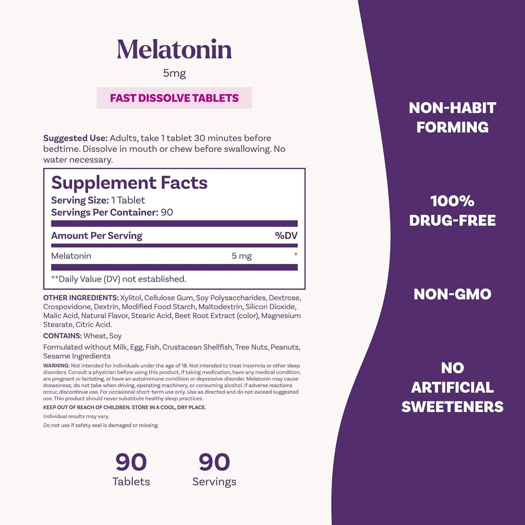 Natrol Fast Dissolve Melatonin 5 mg, Melatonin Supplements for Restful Sleep, Sleep Support for Adults, 90 Strawberry-Flavored Tablets, Up to a 90 Day Supply