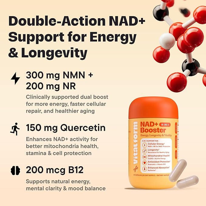 NAD+ Supplement with NMN & Nicotinamide Riboside (NR) – Advanced Cellular Energy & Healthy Aging Complex – with Resveratrol, CoQ10, Quercetin & BioPerine – 60 Vegan Capsules