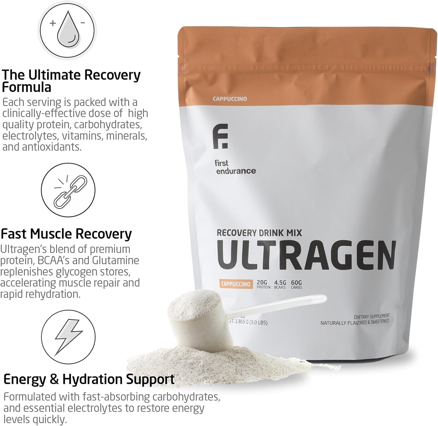 FIRST ENDURANCE Ultragen Workout Recovery Drink Powder, Protein Mix, Boosts Energy, Accelerates Recovery | Cappuccino, 15 Servings