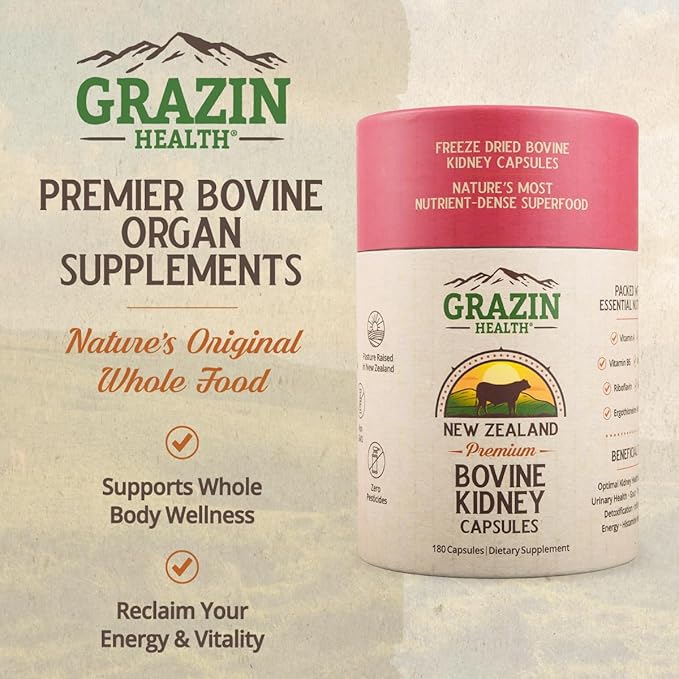 Grass Fed Bovine Kidney Capsules 3000mg | Whole Food Kidney Support Supplement from Pasture-Raised New Zealand Beef Organs | Non-GMO, Hormone-Free, Nutrient-Dense, 30 Servings