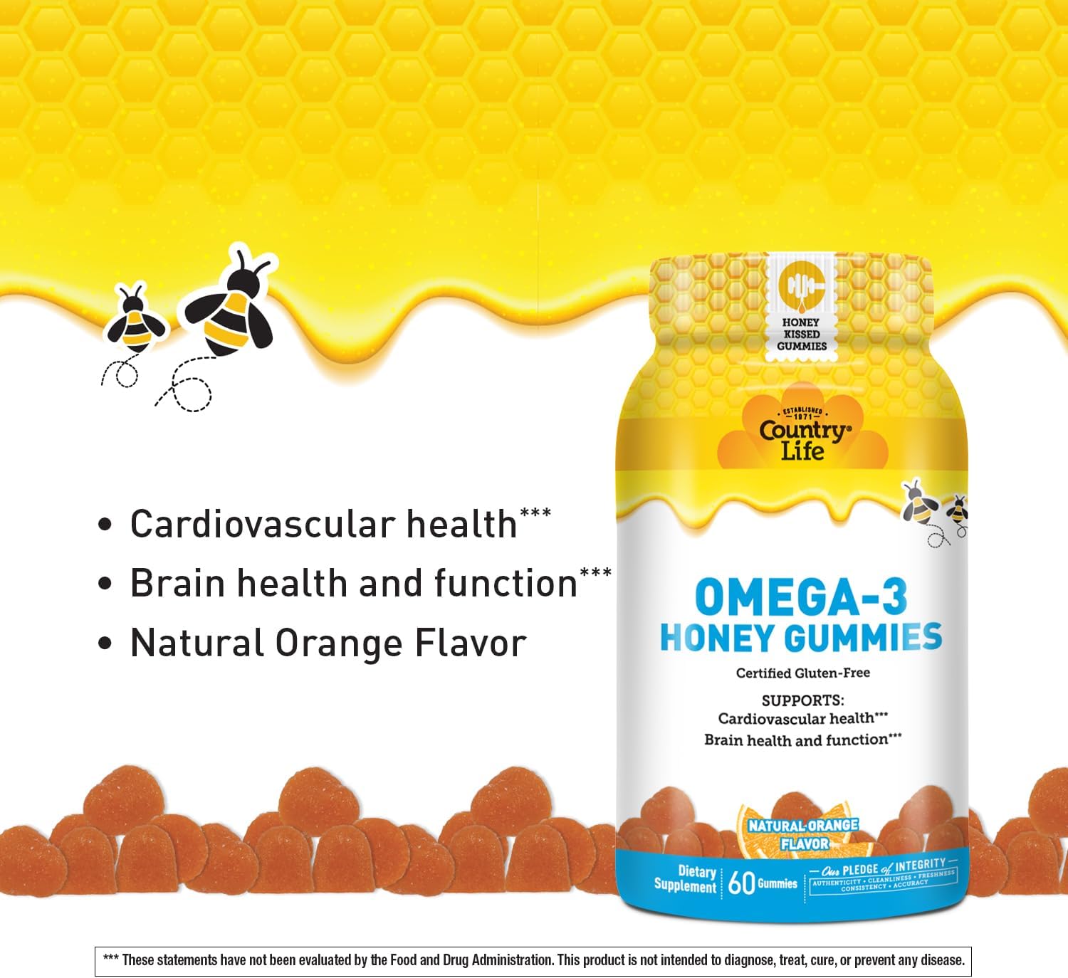 Country Life Omega-3 Honey Gummies – Cardiovascular & Brain Health Support – Non-GMO, Certified Gluten Free – Naturally Sweetened – 60 Gummies