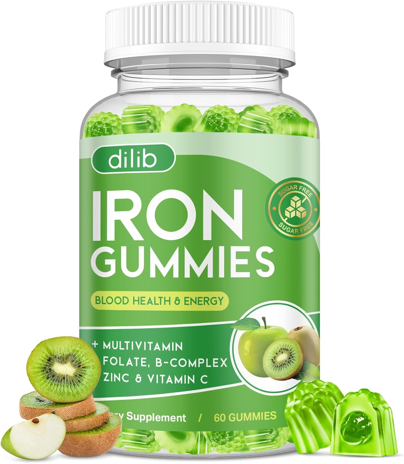 Iron Gummies with Multivitamin, Iron Supplement for Women & Men with Zinc, Vitamin B Complex & C, B12, Folate - Blood Builder & Energy Support for Adults & Kids - Green Apple & Kiwi Filled Gummies