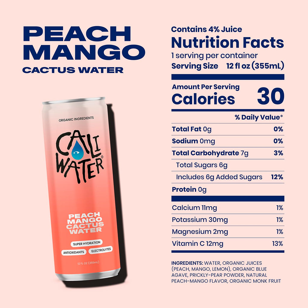 Caliwater - Organic Cactus Water - Peach Mango - 6g Sugar, 30 Calories - Coconut Water Alternative - Natural Plant Based Hydration - Skin Care, Electrolyte Drinks - Flavored Water - 12 Cans