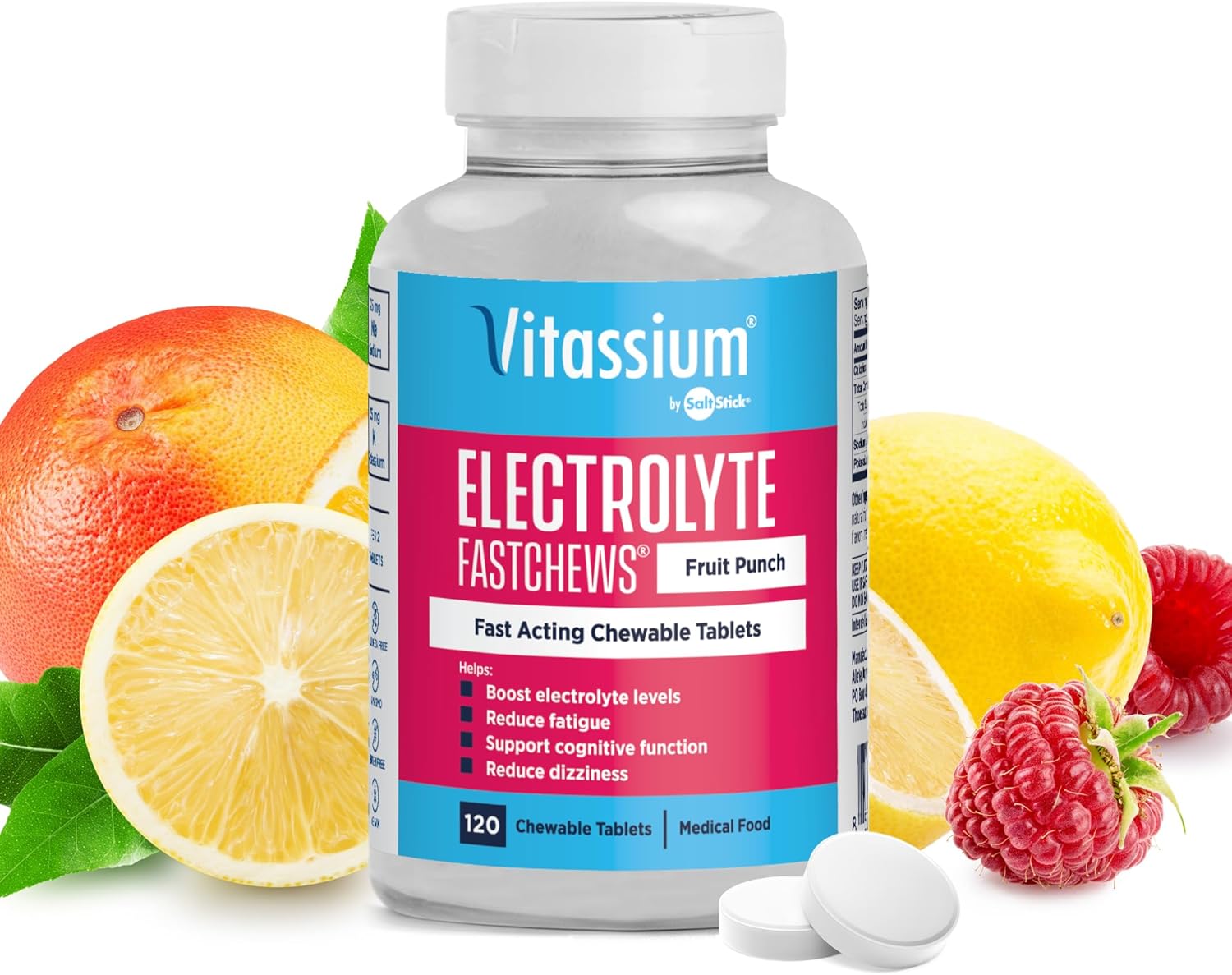 Vitassium FastChews, Chewable Electrolyte Tablets for Management of POTS and High Sodium Diets, Fast-Acting Sodium Tablets, Fruit Punch, 120 Count