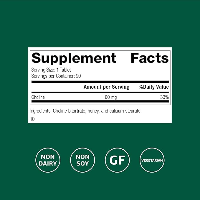 Standard Process Choline - Supports Healthy Fat Metabolism, Liver Health & Nervous System Function - Gluten-Free, Non-Dairy & Vegetarian -180 mg, 90 Tablets