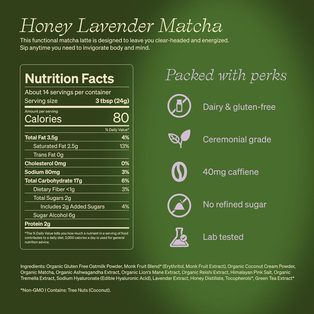 Clevr Blends Organic Honey Lavender Matcha SuperLatte, Instant Ceremonial Grade, Superfood Powder Blend, Oat Milk, Lion Mane, Reishi Mushroom, Coconut Cream, Ashwagandha, Serve Hot or Iced (14 Lattes)
