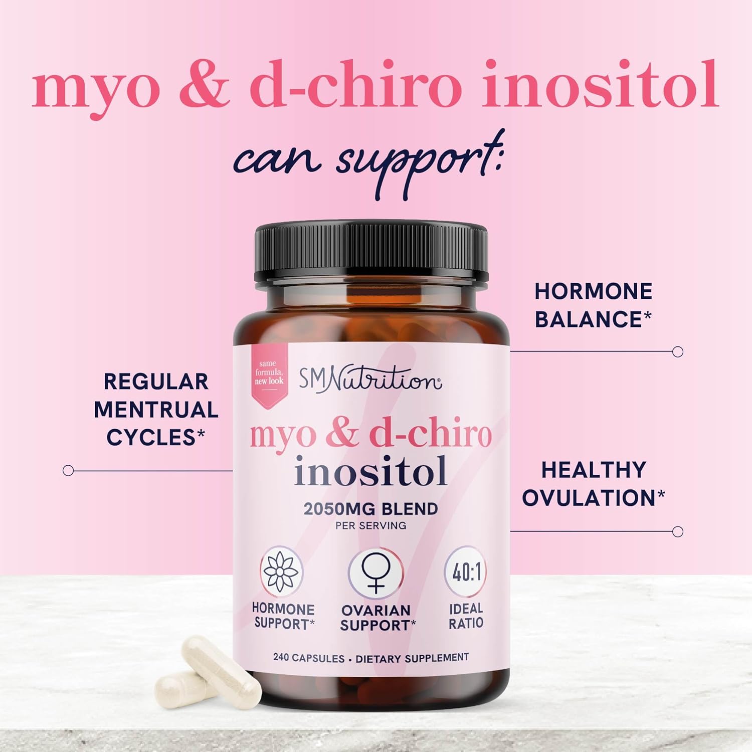 Myo-Inositol & D-Chiro Inositol for Hormone Balance for Women | Ideal 40:1 Ratio | Menstrual Cycle and Ovarian Health Support Supplement | Myo 2000mg & D Chiro 50mg with Vitamin B8 | 240 Count