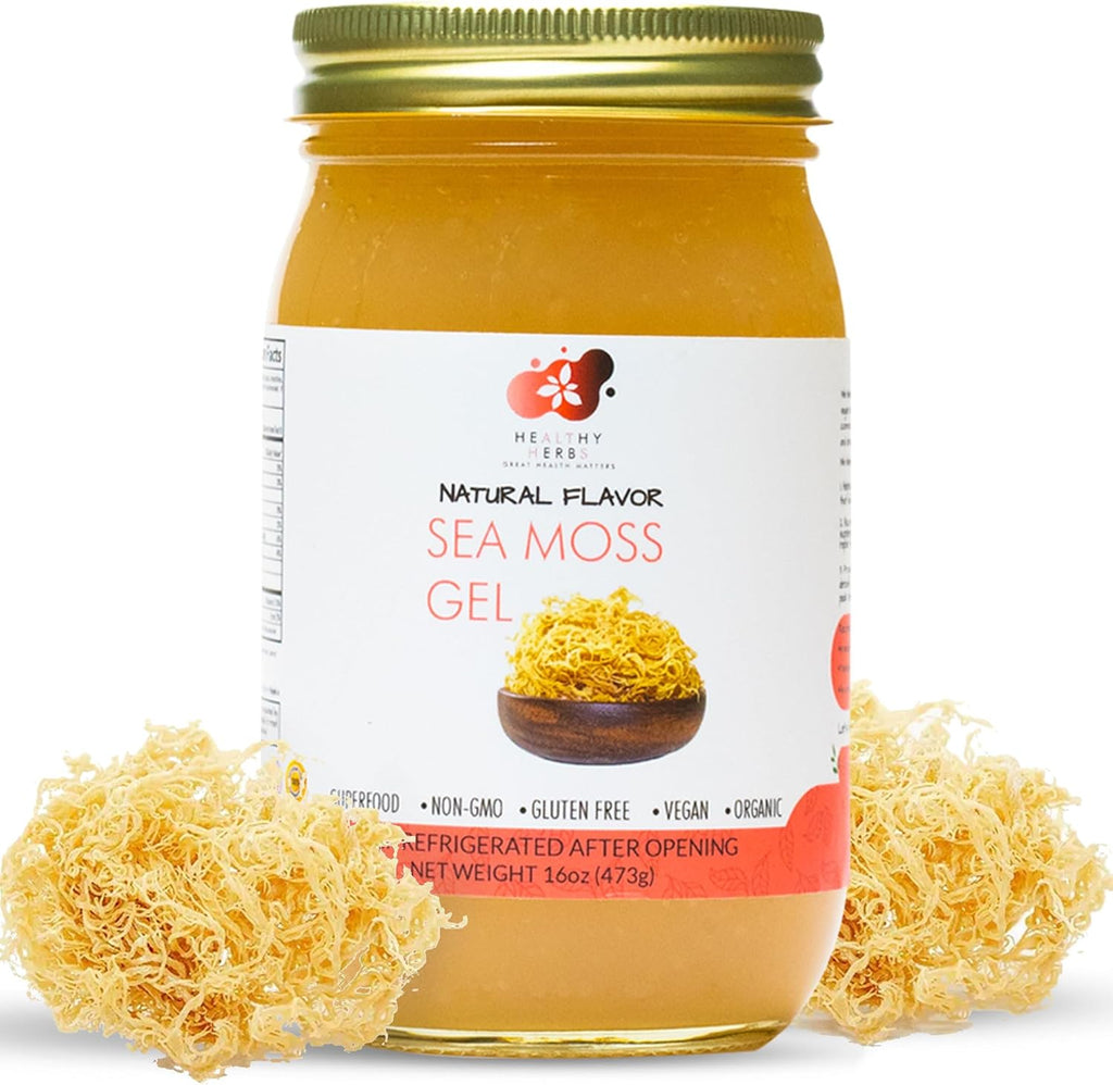 Healthy Herbs Sea Moss Gel (Natural) Wildcrafted from Jamaican St Lucia Gold Seamoss | Wild-Harvested Superfood With Over 90 Essential Vitamins & Minerals | Vegan, Non-GMO, US-Made (16 oz.)