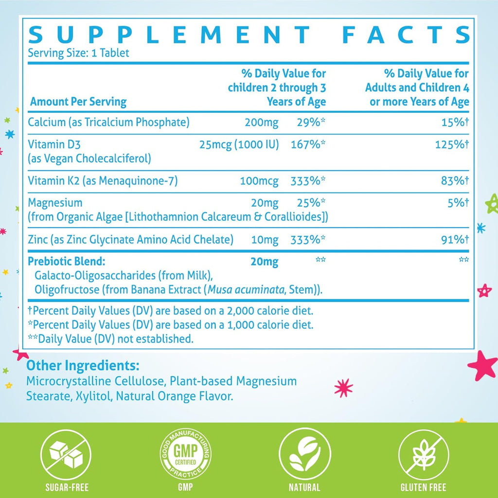 500 MG Calcium Supplement with Vitamin D3 & K2, Zinc, Magnesium & Prebiotics. Kids Vitamins for Kids' Height. Bone Strength, High Absorption, Orange Chewables, Gluten Free, 120 Tabs