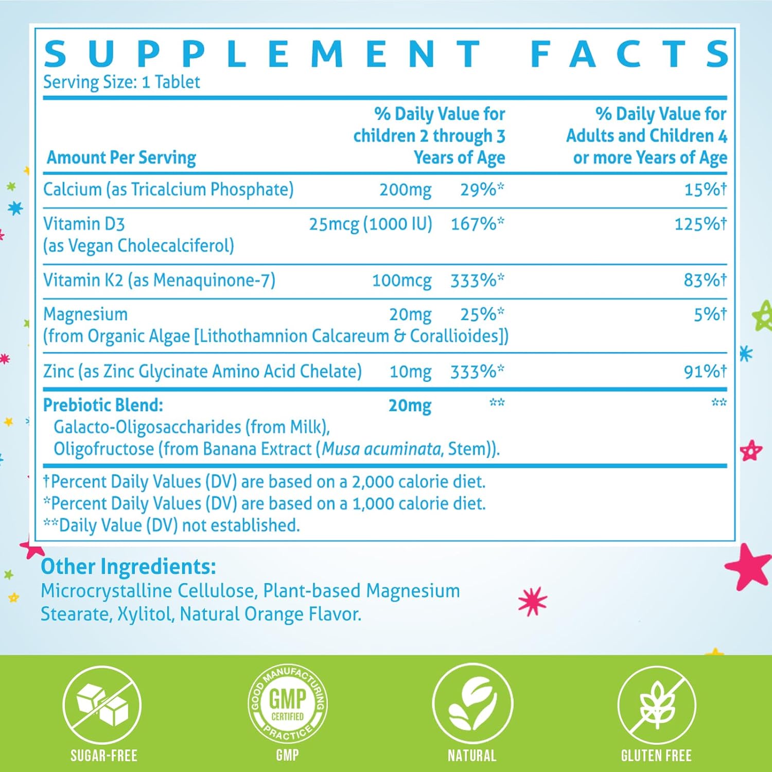 500 MG Calcium Supplement with Vitamin D3 & K2, Zinc, Magnesium & Prebiotics. Kids Vitamins for Kids' Height. Bone Strength, High Absorption, Orange Chewables, Gluten Free, 120 Tabs