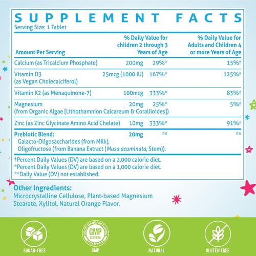 500 MG Calcium Supplement with Vitamin D3 & K2, Zinc, Magnesium & Prebiotics. Kids Vitamins for Kids' Height. Bone Strength, High Absorption, Orange Chewables, Gluten Free, 120 Tabs