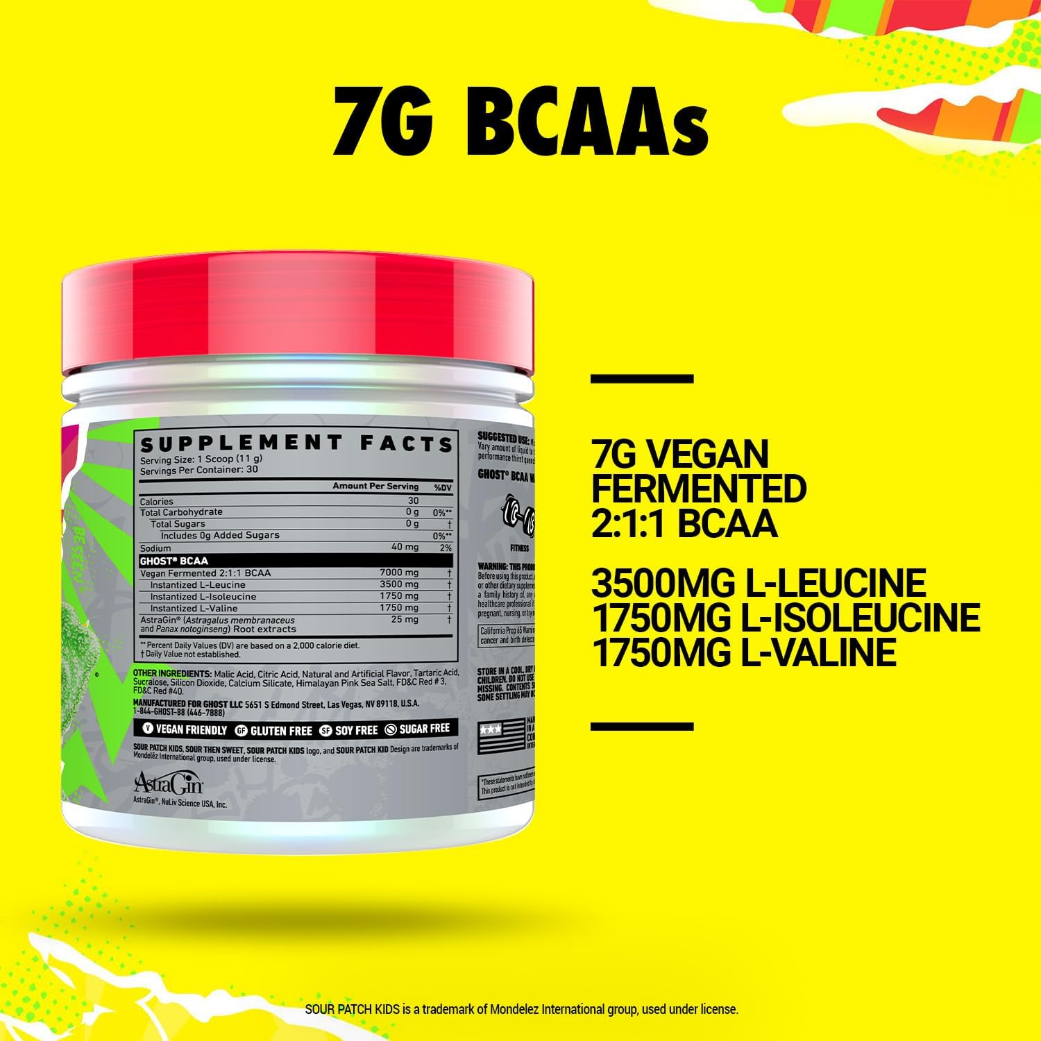 GHOST BCAA Powder Amino Acids Supplement, Sour Patch Kids Watermelon - 30 Servings - Sugar-Free Intra, Post & Pre Workout Amino Powder & Recovery Drink, 7G BCAA