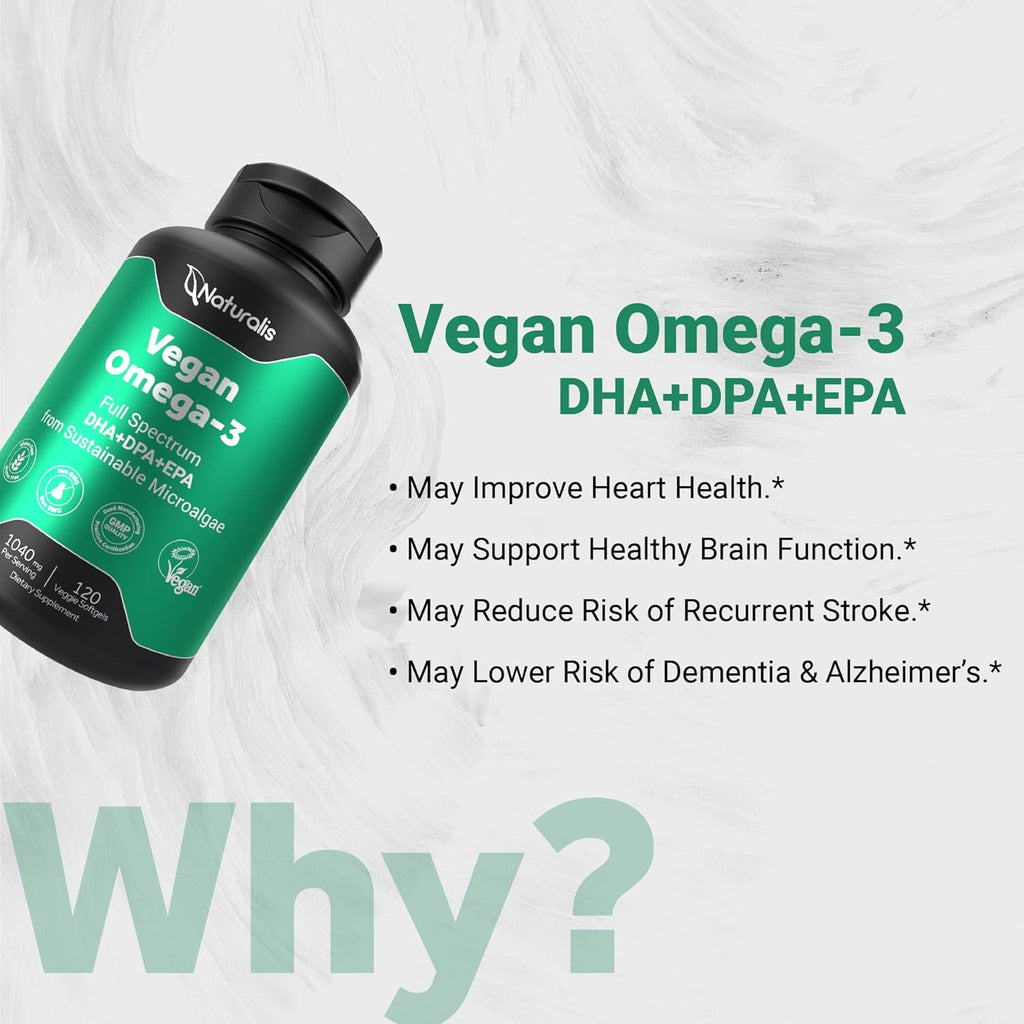 Vegan Omega 3 DHA, EPA & DPA from Algae | Vegan Society Certified, Sustainably Sourced, True Full Spectrum | 120 Veggie Softgels (Carrageenan Free)