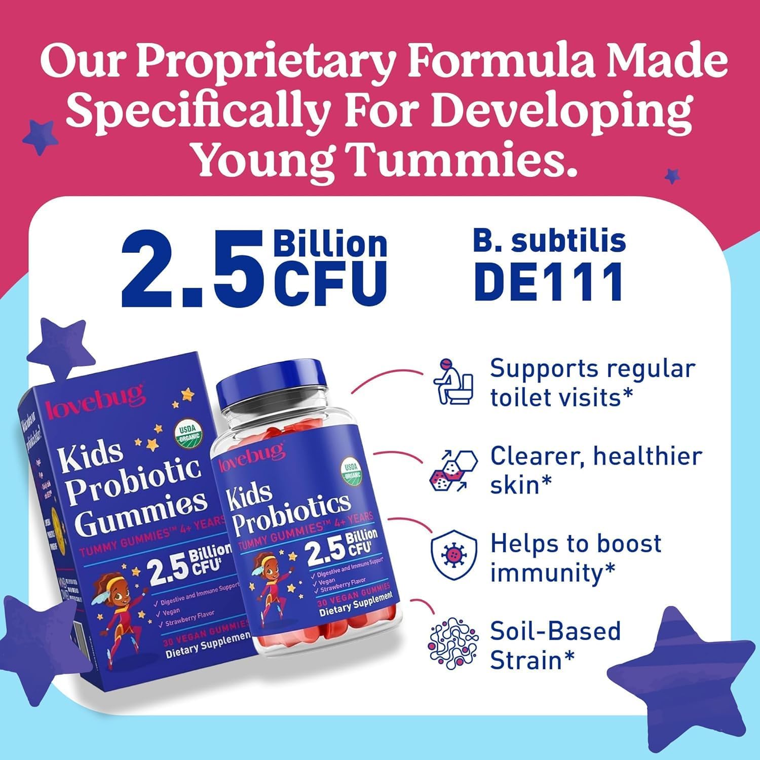 LOVEBUG Kids Probiotic Gummies - Toddler Immunity Support & Constipation Relief - USDA Organic Probiotics for Childrens Gut & Digestive Health (Age 4+) - 30 Strawberry Flavoured Vegan Gummies