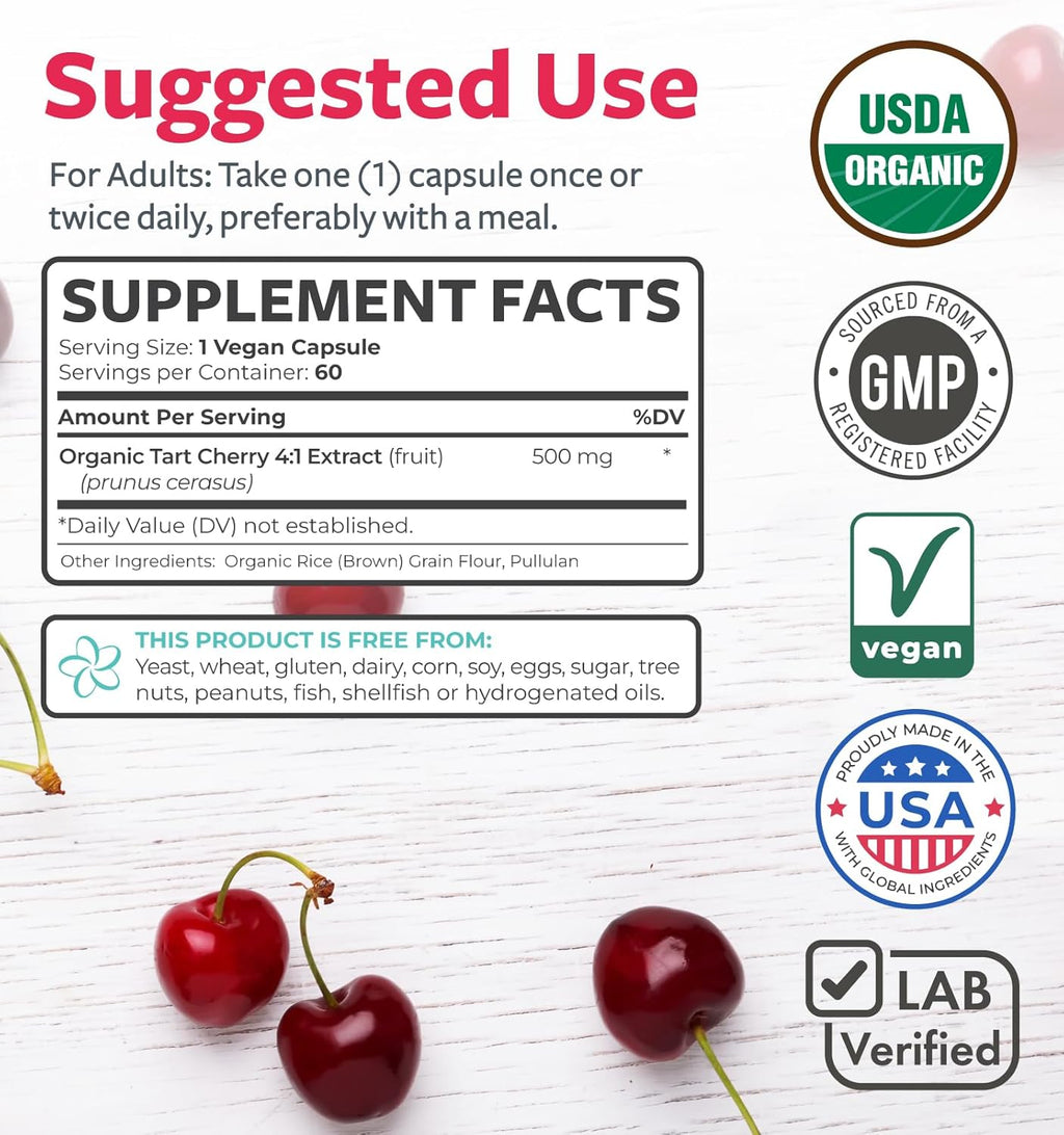 Organic Tart Cherry Capsules - High Strength 4:1 Tart Cherry Extract Capsules with 2000mg Herbal Equivalent per Serving for Uric Acid Support - Vegan Non-GMO & Made in the USA (2 Months Supply)