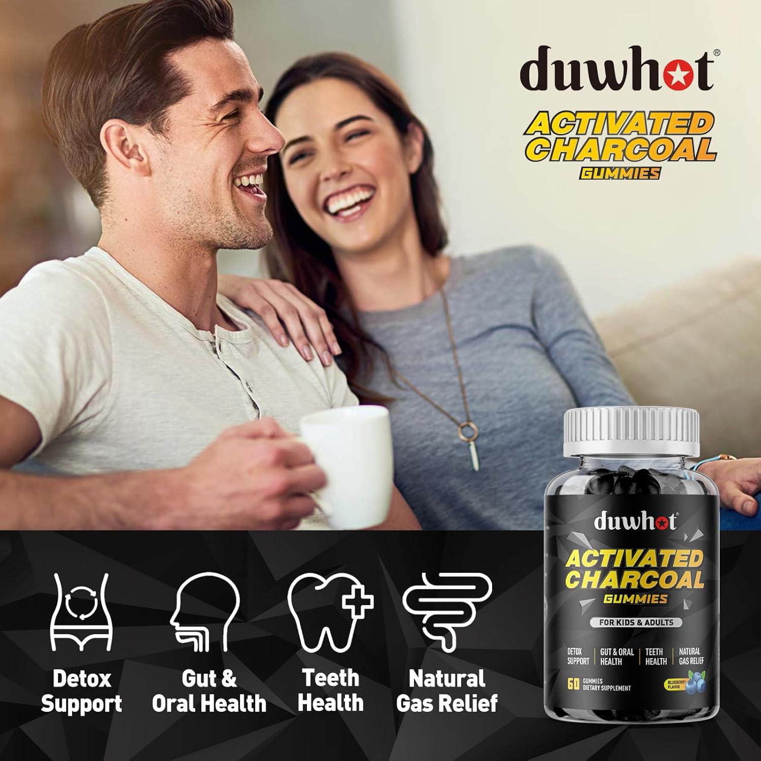 Activated Charcoal Gummies for Kids, 500mg Chewable Activated Charcoal Supplement for Gas Relief, Detox, Digestive and Oral Health, Vegan Blueberry Flavor, 60 Count