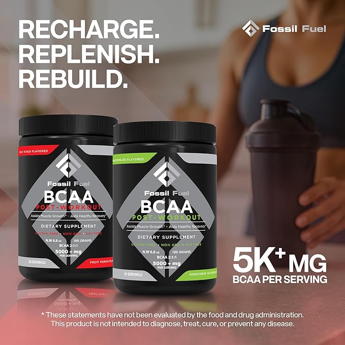 Fossil Fuel Sugar-Free BCAA Powder – Post-Workout Muscle Recovery with BCAAs, Glutamine, Vitamin B6, Amino Acids, Endurance & Hydration, Fruit Punch (30 Servings)
