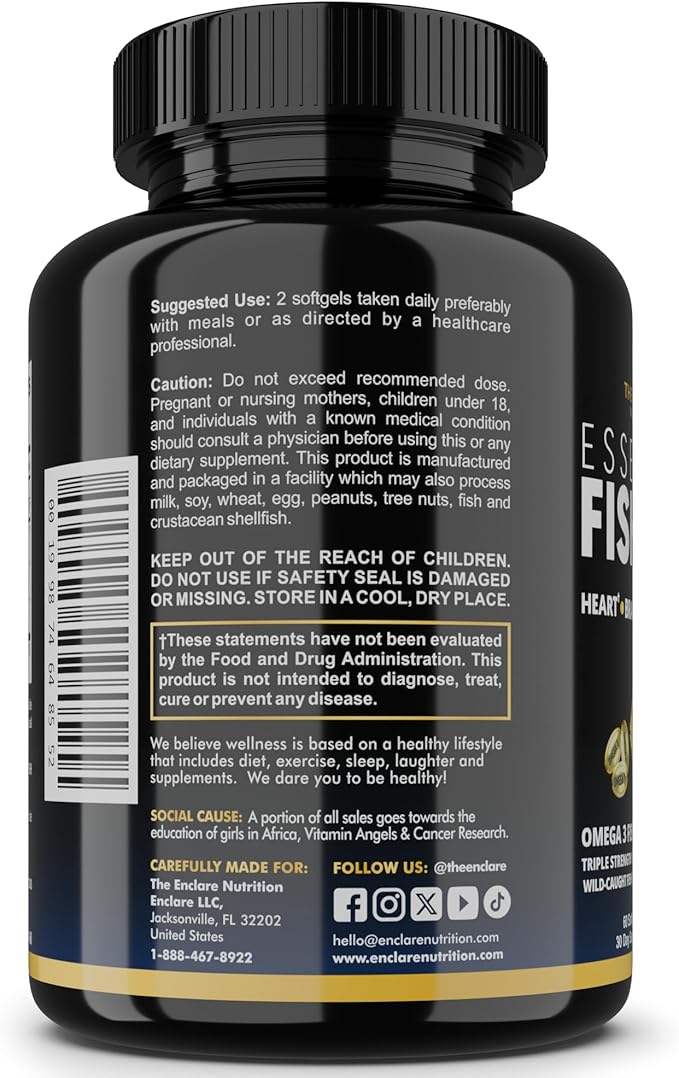 Fish Oil Supplement Omega 3 for Women & Men – Triple Strength 1,400mg Omega-3 EPA/DHA - Burpless Wild-Caught Omegas 3-6-9 for Heart, Brain, Eye & Joint Support – 60 Softgels