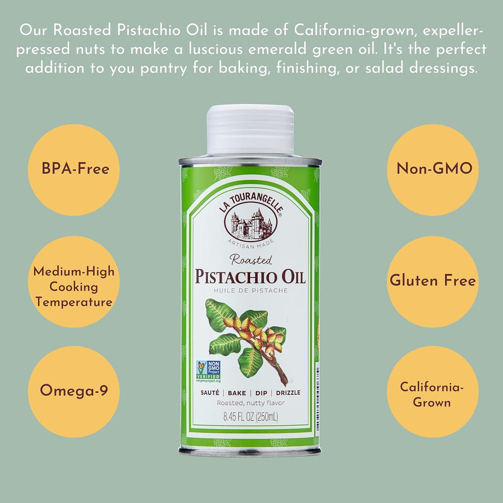 La Tourangelle, Roasted Pistachio Expeller-Pressed Oil for Cooking, Baking, and Beauty, Adds Flavor to Vinaigrettes, Sauces, Marinades, Green, 8.45 Fl Oz