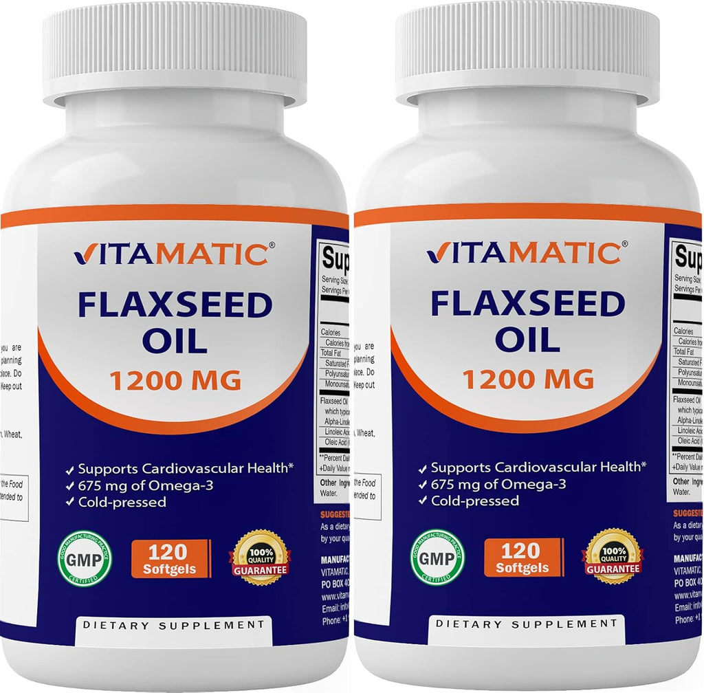Vitamatic 2 Pack Flaxseed Oil 1200mg 120 from Cold Pressed Flax Seed - 675 mg of ALA Omega 3 Fatty Acids for Improving Heart Health