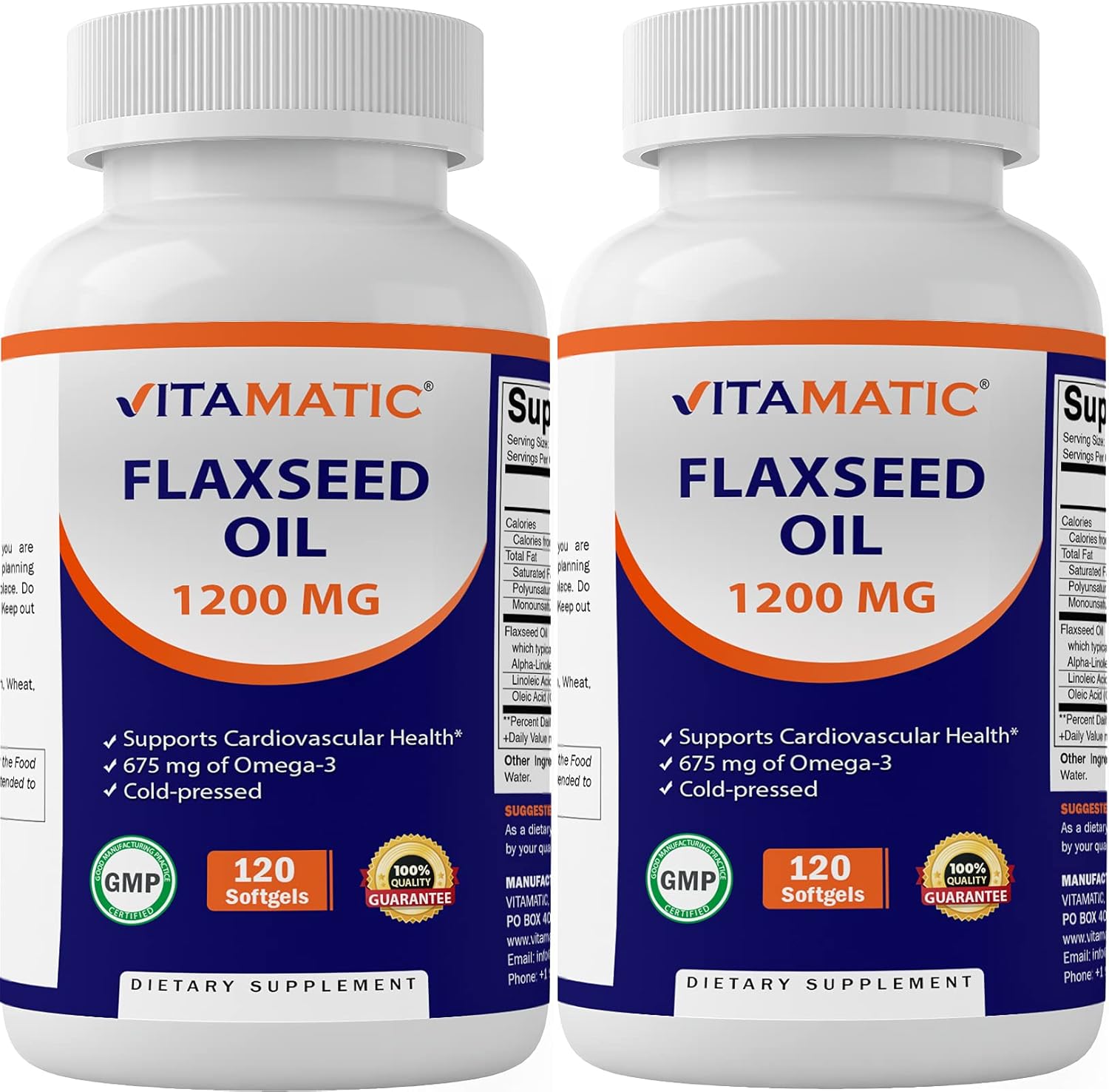 Vitamatic 2 Pack Flaxseed Oil 1200mg 120 from Cold Pressed Flax Seed - 675 mg of ALA Omega 3 Fatty Acids for Improving Heart Health