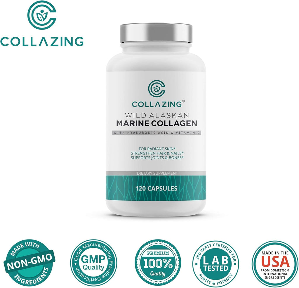 Alaskan Wild-Caught Marine Collagen Peptides with Hyaluronic Acid & Vitamin C - Supports Skin, Hair, Nails, Joints & Bones - Type 1 & 3 Collagen for Women & Men - 120 Powder Capsules
