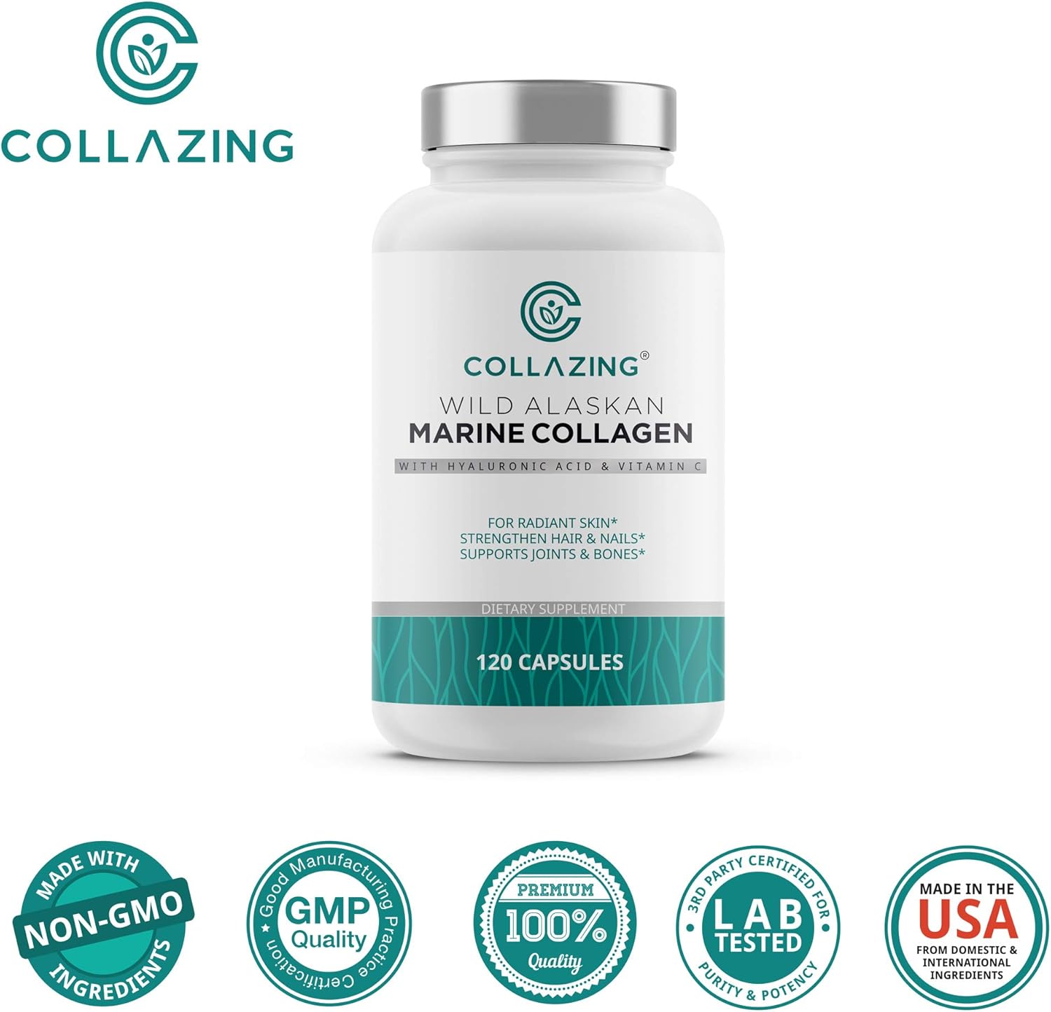 Alaskan Wild-Caught Marine Collagen Peptides with Hyaluronic Acid & Vitamin C - Supports Skin, Hair, Nails, Joints & Bones - Type 1 & 3 Collagen for Women & Men - 120 Powder Capsules
