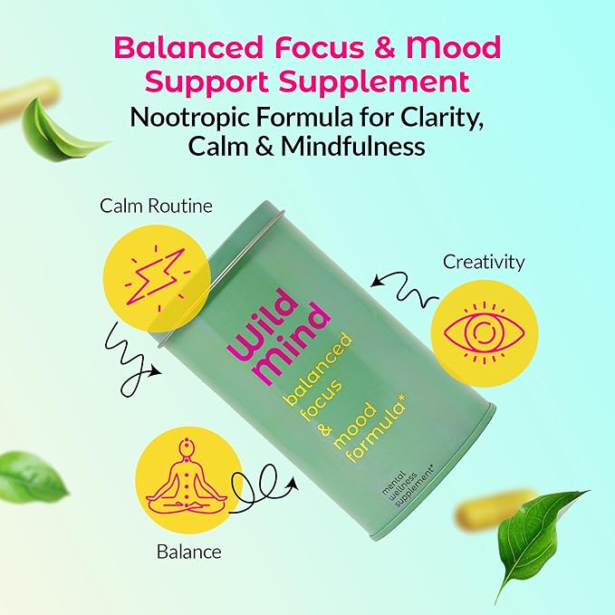 Wild Mind Mental Clarity Balanced Focus & Mood Support Supplement for Mental Wellness– 4-Ingredient Nootropic Brain Support for Calm & Energy – Vegan, 90 Capsules, 30-Day Supply
