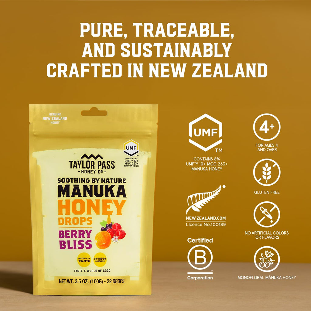 Taylor Pass Honey Co Mānuka Honey Drops UMF™ 10+ | Berry Bliss | Mānuka Honey Lozenges | Soothing Natural Manuka On-the-Go | 22 Individually Wrapped Drops | Made in New Zealand