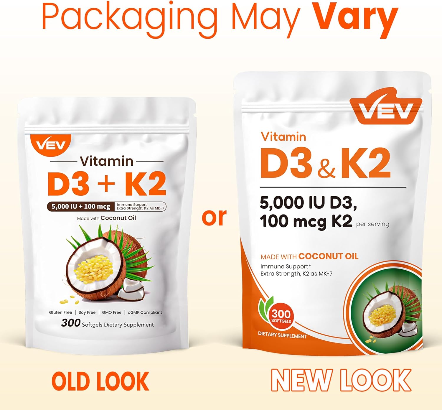 VEV Vitamin D3 K2, 5000 IU D3 100mcg K2 (MK 7), 300 Softgels, Corefeel 2-in-1 Vitamin D & K Supplement with Coconut Oil, Supports Calcium Absorption and Bone Health, Easy to Swallow