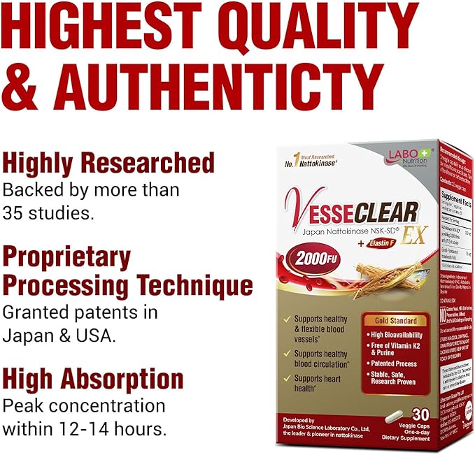 LABO Nutrition VesseCLEAR EX: Nattokinase NSK-SD+Elastin F for Clean & Flexible Blood Vessel. Japan's Most Research Proven, Functional Dose, Acid-Resistant/Delayed Release Capsules