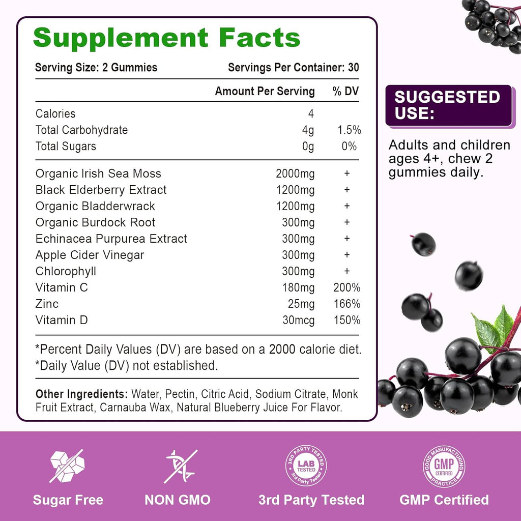 2 Pack Elderberry Gummies with Sea Moss, Extra Strength Elderberry with Vitamin C, Zinc for Immune Support for Adults, Kids, Women & Men, Blueberry Flavor 120Cts