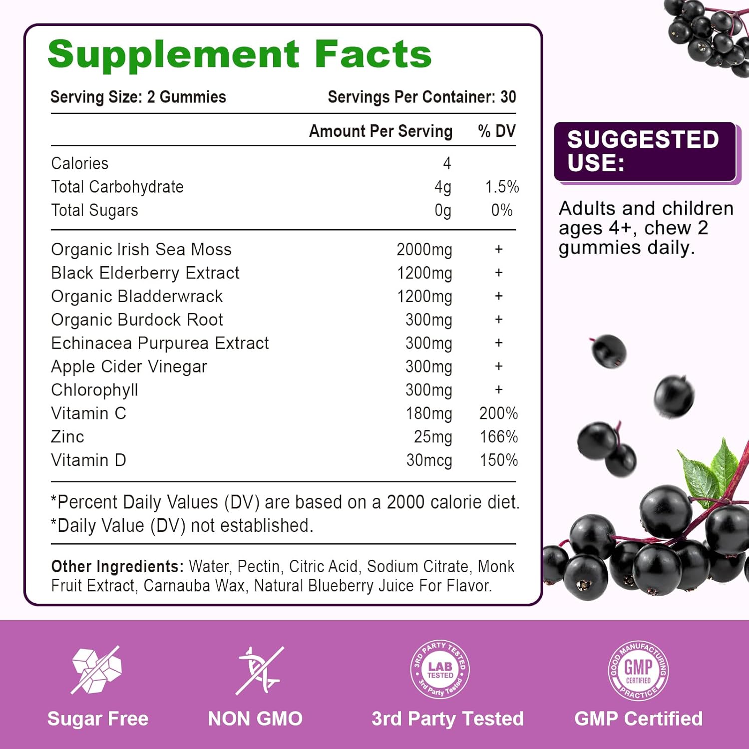 Elderberry Gummies with Sea Moss, Bladderwrack, Burdock, Echinacea, Apple Cider Vinegar, Chlorophyll, Vitamin C, D & Zinc Supplement for Women, Men, Adults and Kids, Blueberry Flavor 60Ct