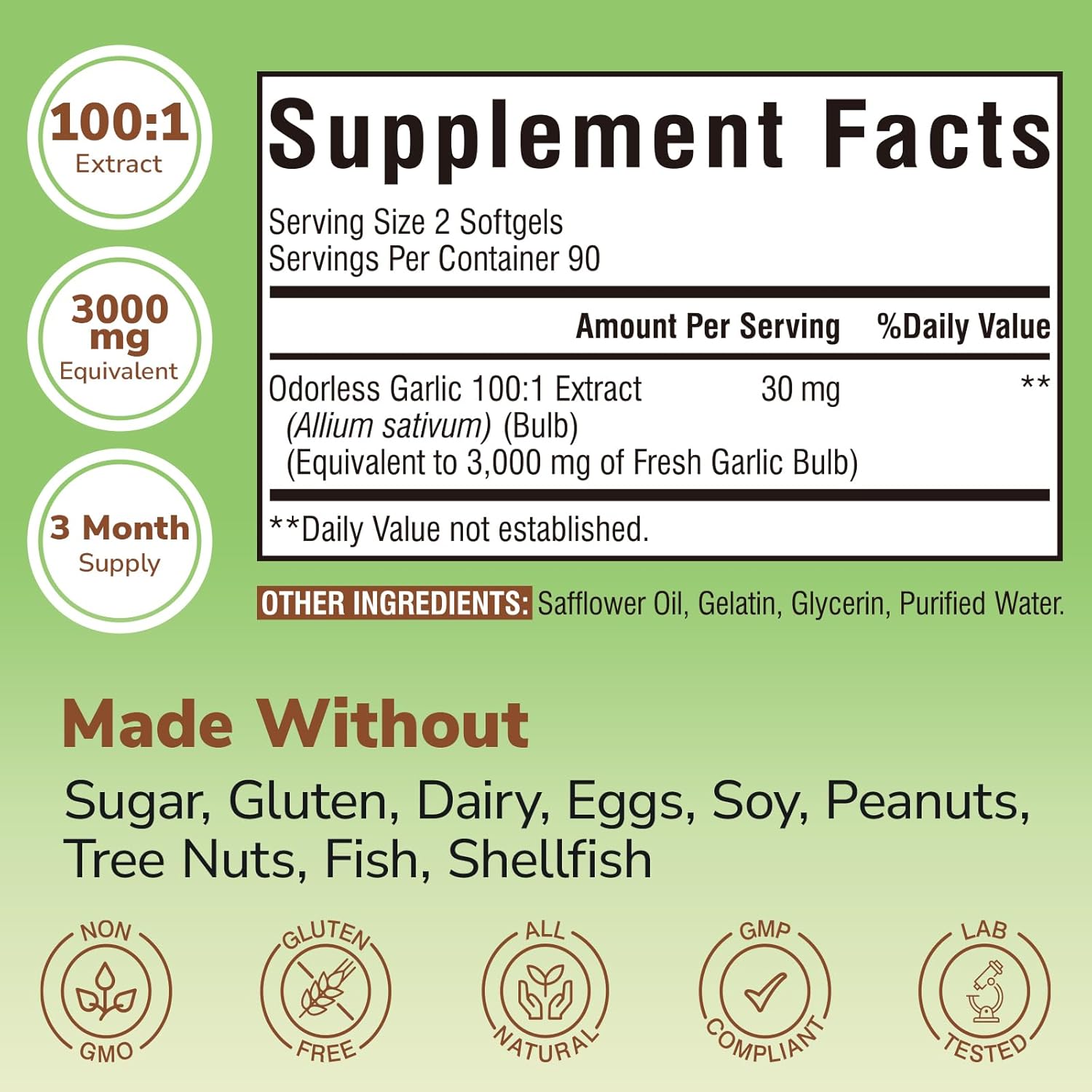 Odorless Garlic, 3,000mg Equivalent Per Serving, Extra Strength 100:1 Extract, Non-GMO, No Gluten, Heart & Immunity, Antioxidant Defense, 180 Softgels
