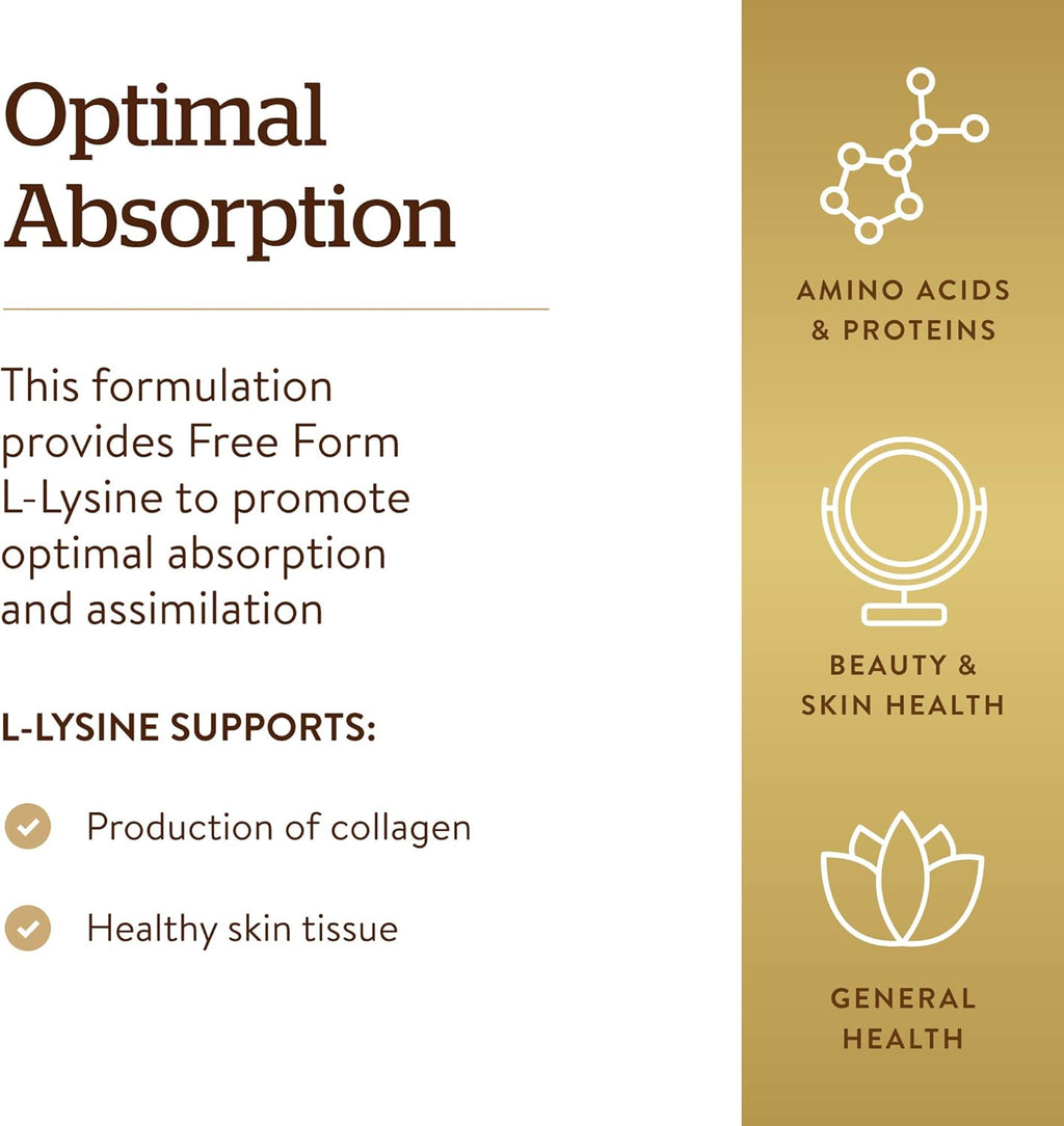 Solgar L-Lysine 1000 mg, 100 Tablets - Enhanced Absorption and Assimilation - Promotes Integrity of Skin and Lips - Collagen Support - Amino Acids - Non GMO, Vegan, Gluten Free - 100 Servings