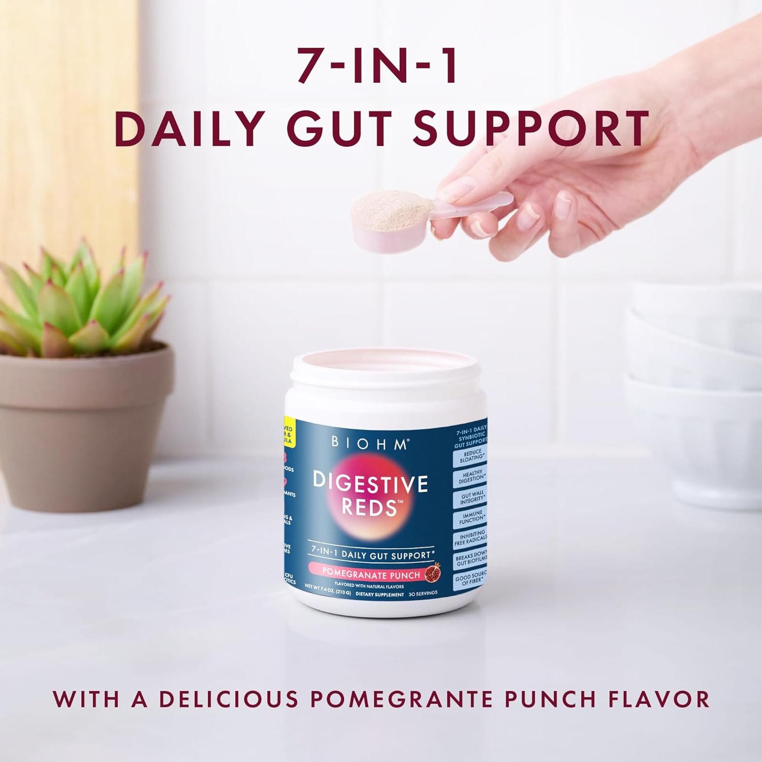 BIOHM Digestive Reds, Superfood Powder (7.4 Oz, 30 Servings) Antioxidants, Vitamins, Probiotics, Digestive Health for Women and Men with Enzymes, Beets, Goji, Pomegrante, Red Berry Flavor