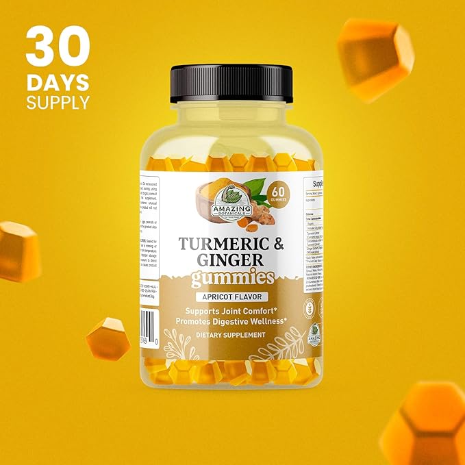Amazing Botanicals Turmeric & Ginger Gummies – 270 mg Turmeric Extract & 12 mg Ginger per Serving – Apricot Flavor – 60 Gummies – Vegan, Gluten-Free, Non-GMO – Dietary Supplement