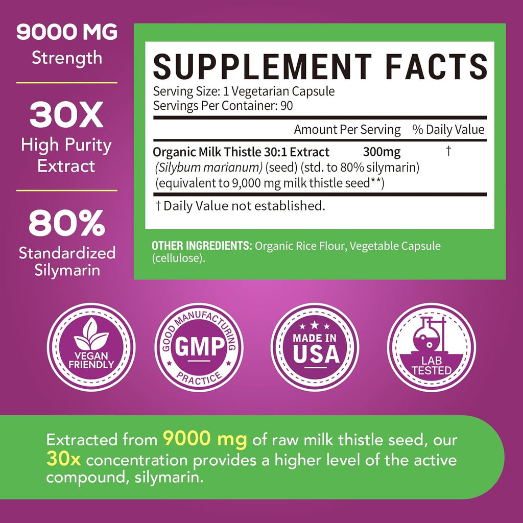 Organic Milk Thistle, 9000 mg Equivalent, 30X Concentrated Seed Extract, 80% Silymarin, Liver Support Cleanse Detox, Fatty Liver Supplements, Non-GMO, No Gluten & Soy, 90 Veggie Caps, 3 Month Supply