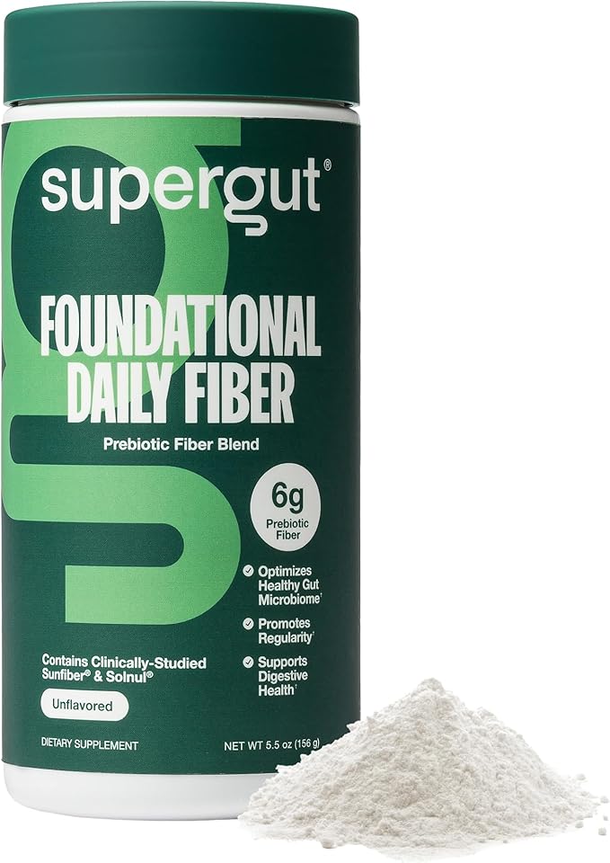 Supergut Foundational Daily Fiber Powder, Sugar Free & Vegan Prebiotic Fiber Blend for Gut Health & Digestive Support, Supplement for Men & Women with Solnul & Sunfiber, Unflavored, 20 Servings