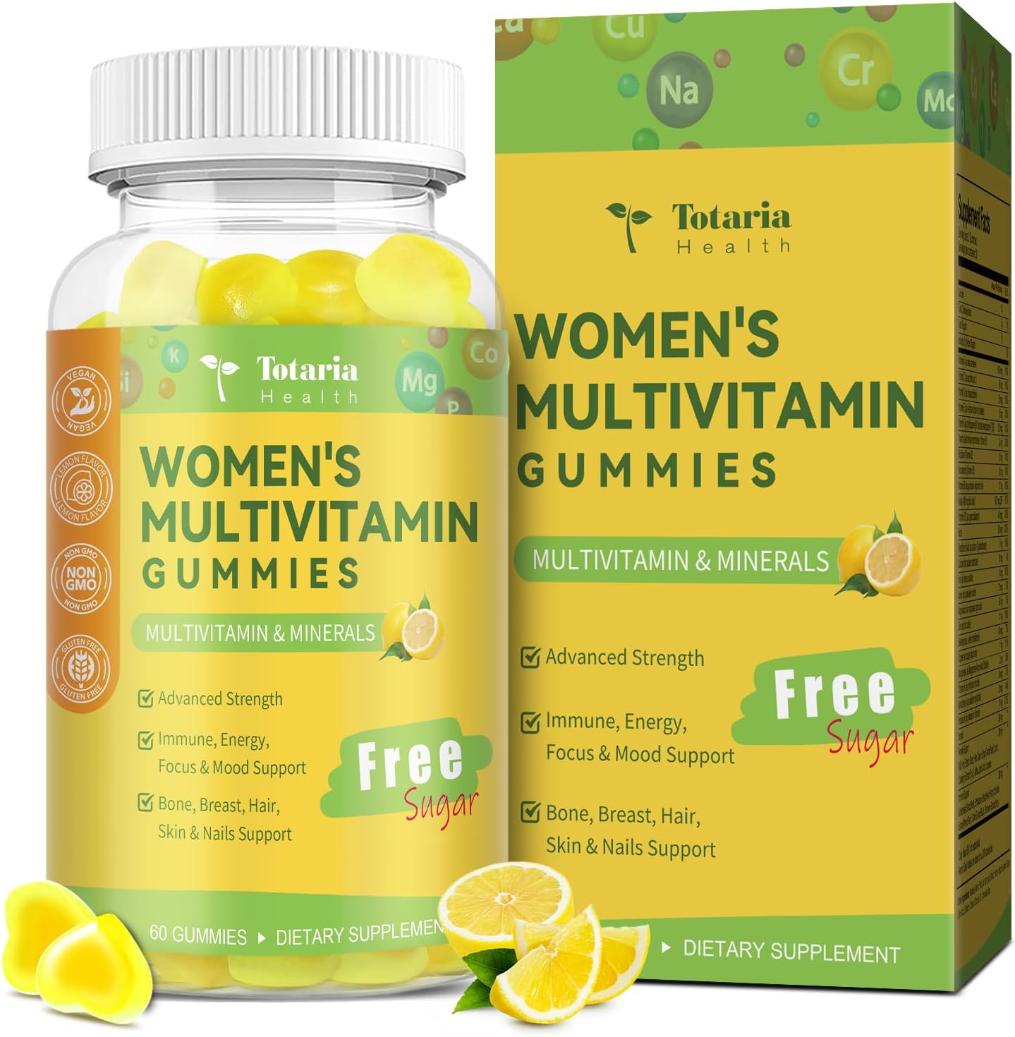 Sugar Free Multivitamin Gummies for Women 14+ w/Iron, Bariatric Multivitamin, Inositol, Folate, Biotin, Womens Daily Gummy w/Vitamin A, D, C, B, for Hair, Skin, Energy, Immune, Lemon Flavor