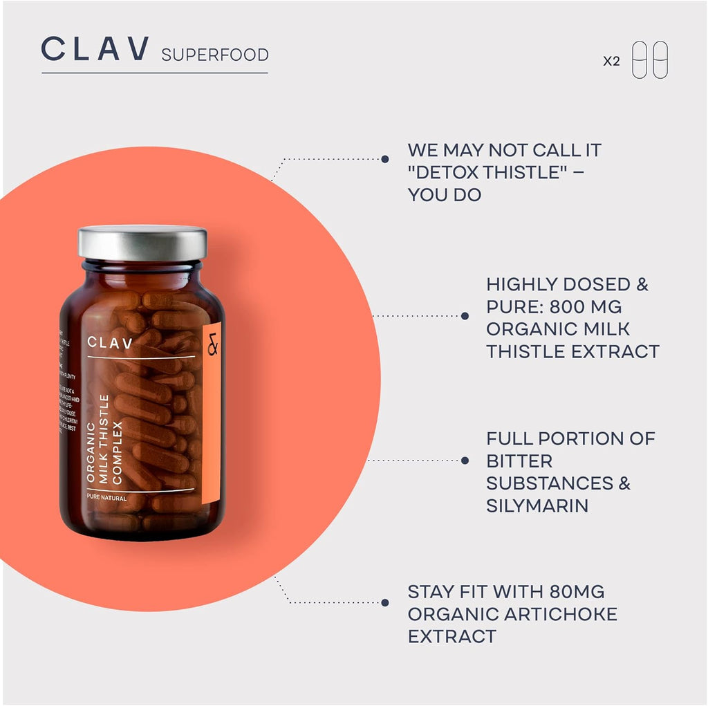 CLAV Organic Milk Thistle & Artichoke Extract Complex -Rich in Silymarin & Bitters - Liver Support + Detox Supplement - 120 Capsules (60 Days Supply) - Vegan - Made in Germany