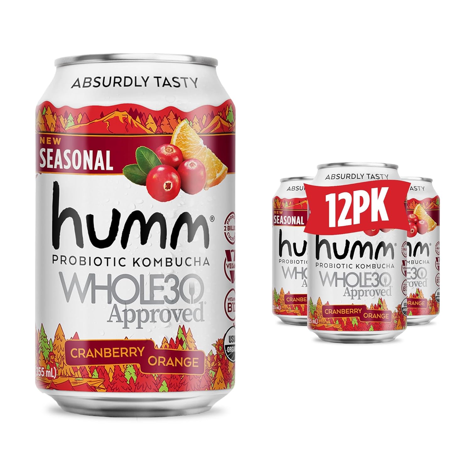 Humm Whole30 Approved Kombucha, Cranberry Orange, Organic, Vegan & GMO Free (12 Pack)