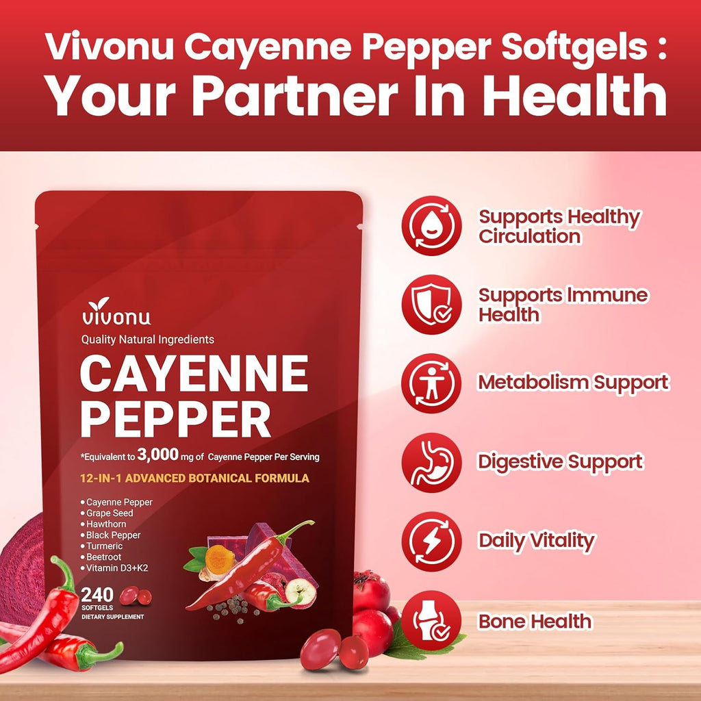 VivoNu Cayenne Pepper Softgels Supplement, Supports Leg Vein, Heart and Blood Vessel Health, with Vitamin E D3+K2 and Extracts of Grape Seed, Hawthorn, Beetroot, Berberine