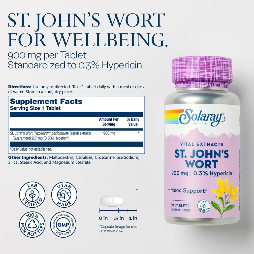 SOLARAY St. Johns Wort Aerial Extract One Daily 900mg, Standardized w/ 0.3% Hypericin for Mood Stability & Brain Health Support, Non-GMO |60 Servings | 60 Tablets