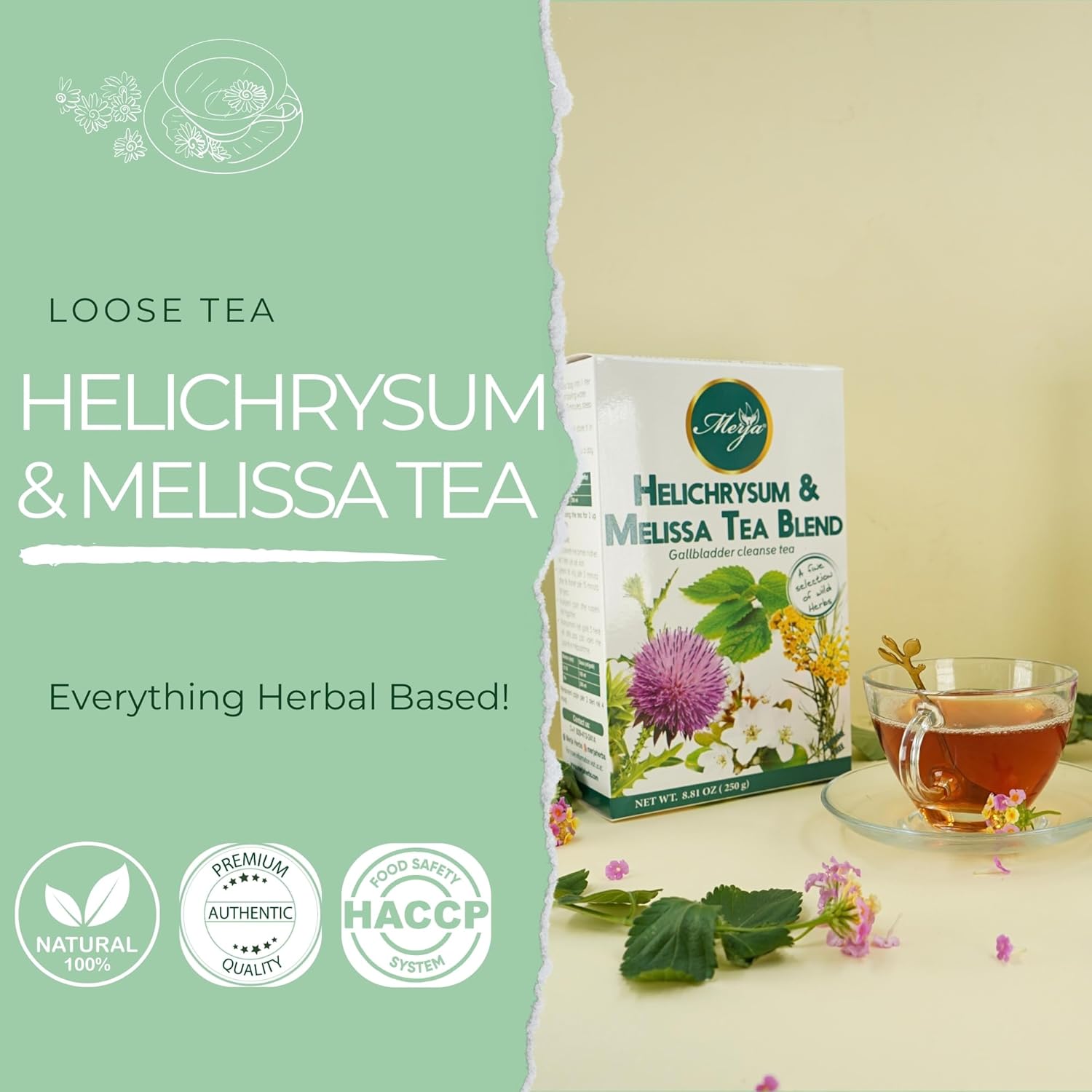 Merja Herbs Helichrysum & Melissa Tea - Gall bladder Support & Cleanse - Caffeine Free - 100% Natural & Premium Quality 250gr 8.82 oz